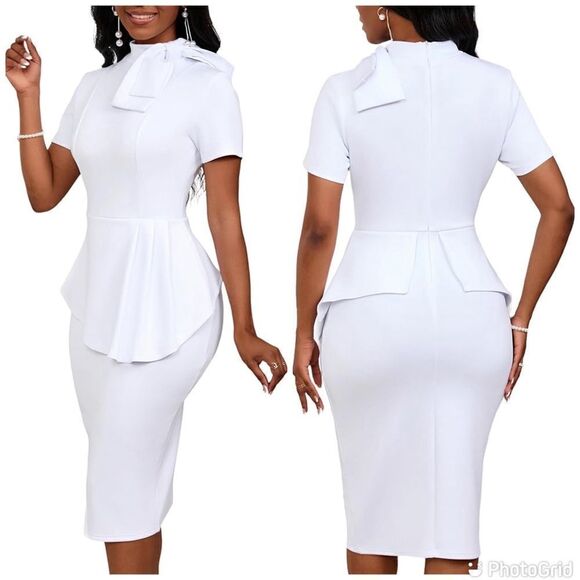 Elegant Strechy Peplum Bodycon Short Sleeve Work Dresses Bow Club Ruffle… - Picture 1 of 15